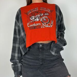 Reworked Upcycled Vintage Motorcycle Orange Long Sleeve Plaid Shirt Top